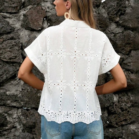 White Boho Womens Eyelet Embroidery Batwing Sleeve Button Front Shirt - Picture 2 of 5